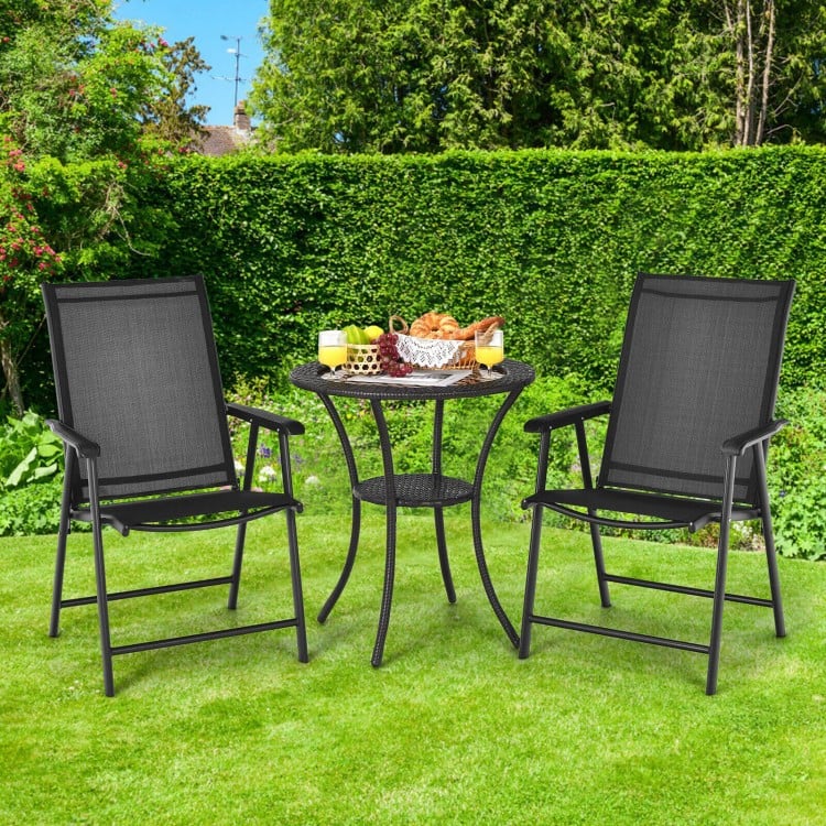 Set of 2 black outdoor patio folding chairs with ergonomic armrests, perfect for relaxing in your garden.